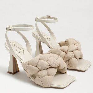 Courtney Puff Strappy Heel in Sand Linen/Leather